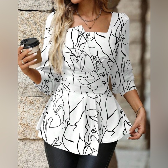 Classic Abstract Geo Print Pleated Long Sleeve Top Blouse Shirt White Black - Picture 5 of 5
